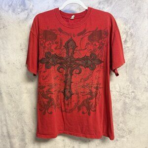 Vintage Y2K Grunge Cross T Shirt Mens XL Red Short Sleeve